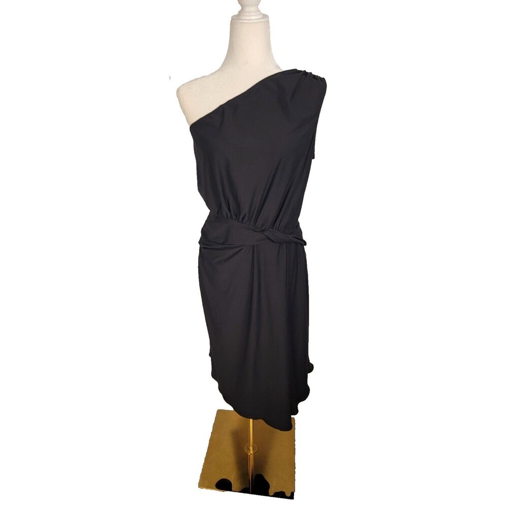 Anna Sui Vintage Rare Black One-Shoulder Draped Jersey Sheath Zip Dress Sz 8